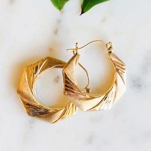 Real 10K Yellow Gold Twist Design Textured Hoops